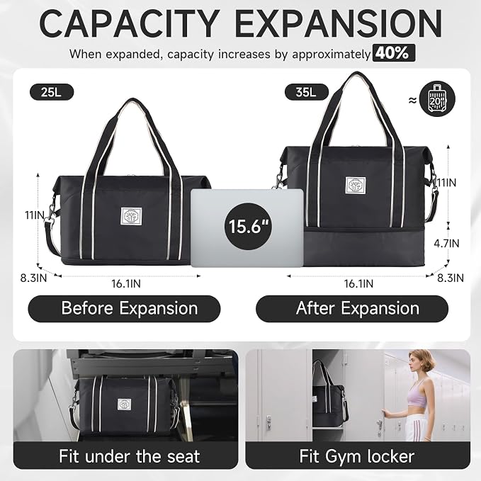 WALNEW Travel Duffel Bag, Weekender Overnight Carry On Bag for Women Men, Foldable Waterproof Gym Luggage with Metal Buckle Detachable Shoulder Strap and Wet Compartment (Black) | Overnight Carry On Bag, Foldable Waterproof Gym Luggage with Metal Buckl... - Image 2