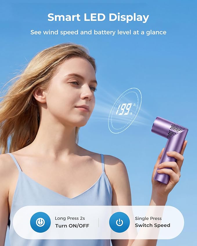 High Speed Handheld Fan, 20000RPM Turbo, 199 Speeds, Rechargeable | 20000RPM turbo fan with 199 speeds, LED display, 3000mAh battery for travel, commuting, camping, and office - Image 5