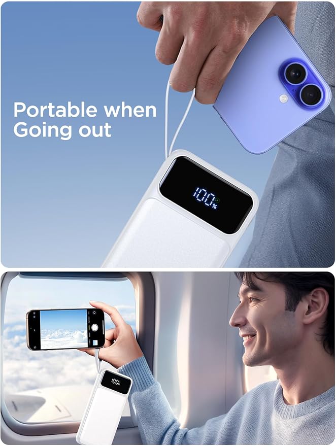 Power Bank, Portable Charger with Built in Cable 22.5W Fast Charging Battery Pack 10000mAh Slim 6 Outputs 3 Inputs LED Display Phone Charger for iPhone Samsung Pixel Moto iPad Travel Essential Gift - Image 5