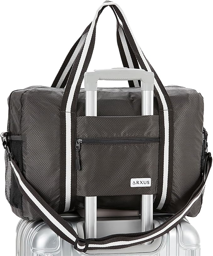 Carry On Travel Bag, Lightweight Foldable Packable Tote Bag 25L | Water Repellent, Expandable Travel Duffle with Luggage Sleeve and Shoulder Strap for Men Women by Arxus