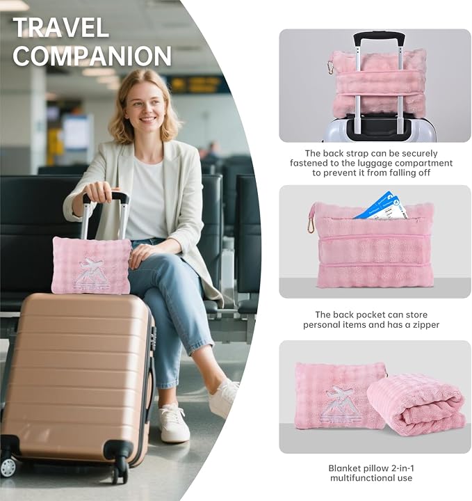 Travel Blanket and Pillow-2-in-1, Ultra-Soft&Compact, Airplane Blanket with Hand Luggage Belt and Backpack Clip,Travelers Accessories Gifts, 61x43 Inches(Pink - Image 4