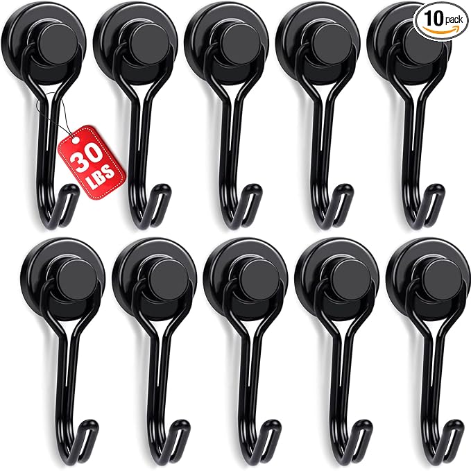 Swivel Swing Black Magnetic Hooks, 30lbs Magnet Hook, Pack of 10 | Heavy Duty Strong Magnets Refrigerator Fridge Hanging for Classroom Beach Vacation Kitchen Grills Home by EBAVITE