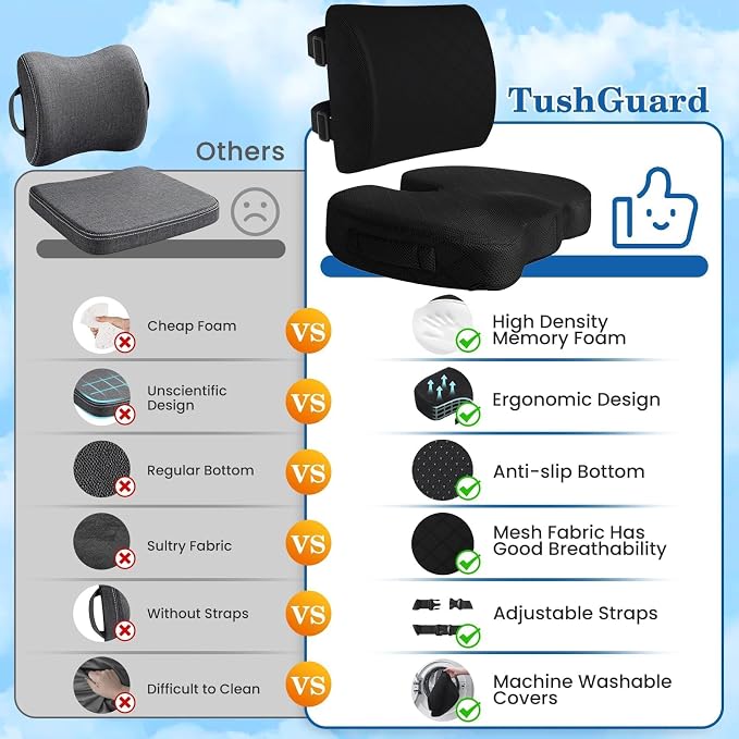 Back&Seat Cushion, Chair Cushions, Lumbar Back Support Pillow, Black/Large | Breathable Memory Foam Back Support Pillow, Portable Airplane Seat Cushion for Travel, Computer Desk, Wheelchair, Driving - Image 4