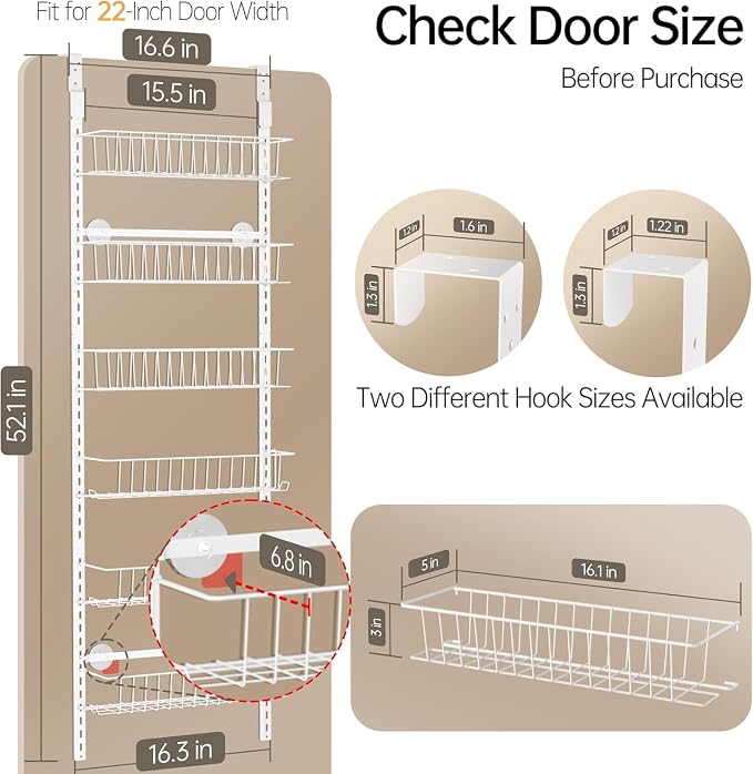 Delamu Adjustable Cabinet Door Organizer, 6-Tier Hanging Spice Rack Organizer, Metal Over the Door Pantry Organizer, Pantry Organizers and Storage Shelves for Kitchen Bathroom Laundry Room, White M - Image 3