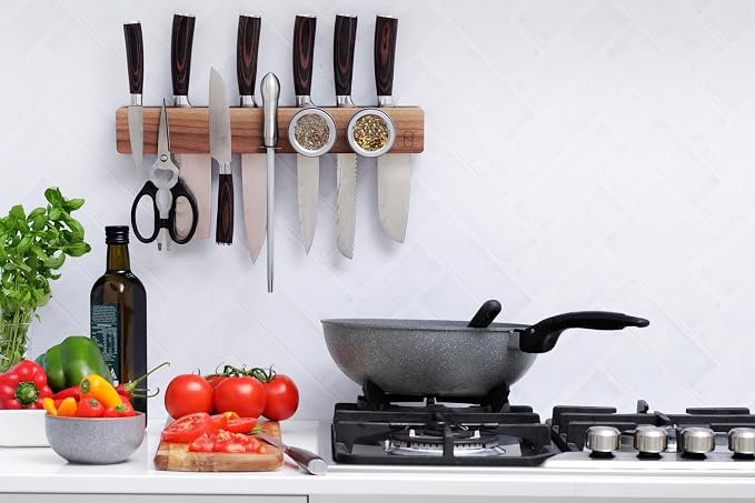 Walnut 16 inch Magnetic Knife Holder for Wall with 2x Storage & Charming Wood - Knife Magnetic Strip, Under Cabinet Magnet Knives Storage - Magnet Strip Rack Kitchen Utensil Holder Organizer Tool - Image 3
