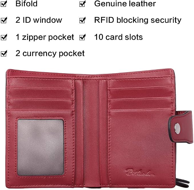 BOSTANTEN Leather Womens Wallet Small RFID Blocking Credit Card Holder | Removable ID Window, Zipper Coin Pocket, Bifold, Minimalist, Fits Small Purses, Daily Use, Ladies Gifts, Wine Red - Image 2