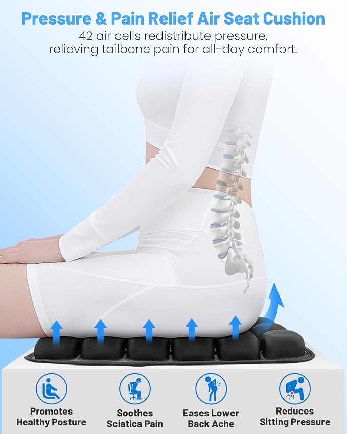 Travel Seat Cushion for Airplane, Press-Type Air Inflatable Cushion, Portable Ergonomic Comfort with Non-Skid Bottom for Long Flights, Office, Camping, Wheelchair, Travel, Driving - Image 2