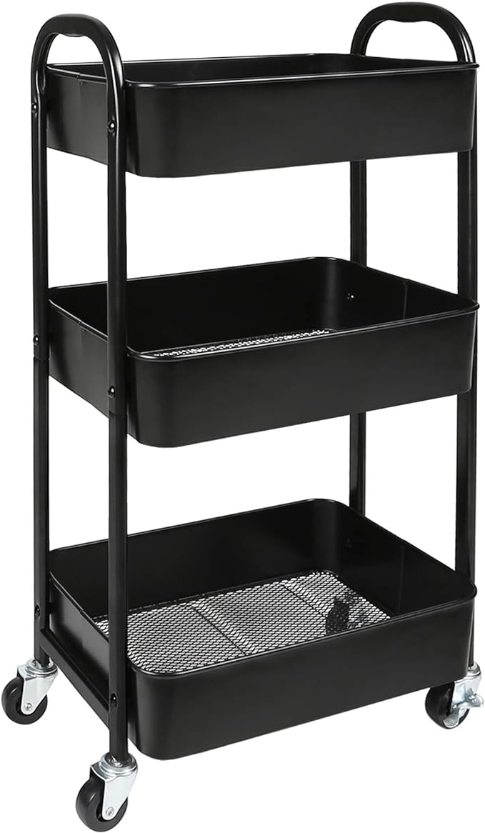 3-Tier Rolling Utility Cart with Caster Wheels Easy Assembly, Black | Easy Assembly, multi-purpose storage trolley for kitchen, rolling cart with smooth caster wheels for bathroom by MAXHouser
