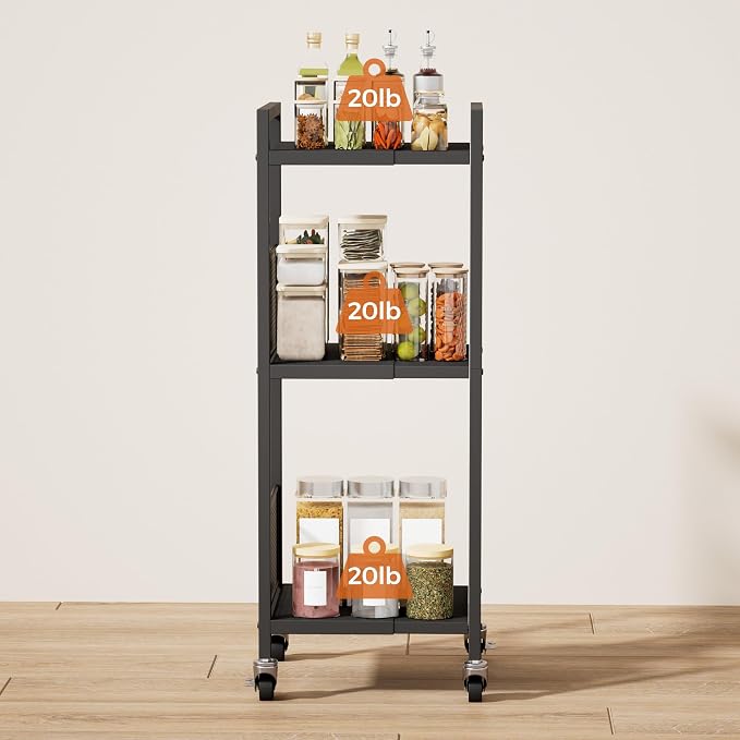 3-Tier Expandable Storage Shelving Unit,Slim Storage Cart,Metal | Adjustable Width 8.3" to 12.6", Bathroom Shelves, Narrow Shelf,Rolling Utility Cart, for Laundry, Bathroom,Small Spaces Black - Image 2