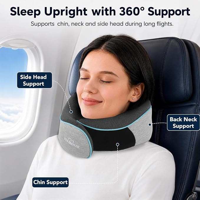 Travel Pillow-Neck Pillows for Airplanes, Memory Foam Travel Neck Pillow for Long Flights|Airport Travel Essentials 360° Support Gifts for Travellers With Eye Mask & Earplugs, Portable Carry Bag - Image 2