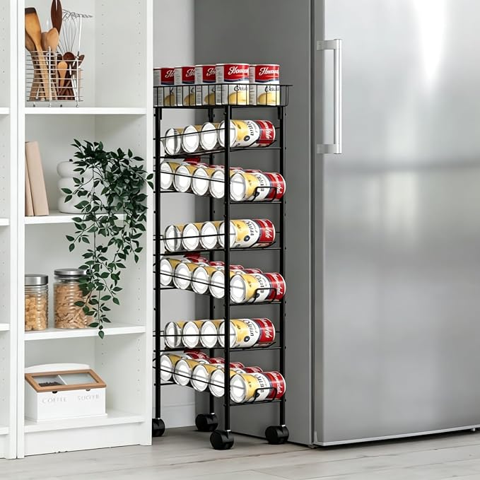 Slim Can Organizer Cart, Iron Narrow Soda Dispenser Rack for Kitchen, Black | Black,Canned Food Organizer, On Wheels, Top Basekt, Automatic Rolling Storage, for Narrow Space. - Image 4