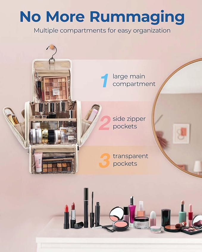 BAGSMART Toiletry Bag for Women, Travel Toiletry Bag Makeup Cosmetic Bag with Hanging Hook, Water-resistant for Toiletries Accessories Brushes Sponge - Image 2
