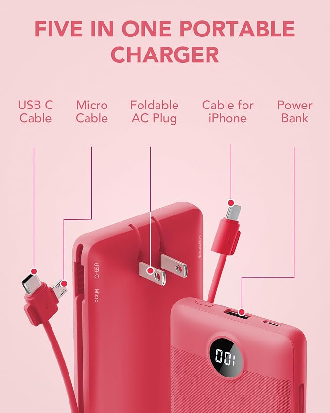 Portable Charger Built-in Cables and AC Wall Plug, VRURC USB C Power Bank 10000mAh, Travel Battery Portable Phone Charger Compact Lightweight External Battery Pack for SmartPhones,Tablets-Viva Magenta - Image 3