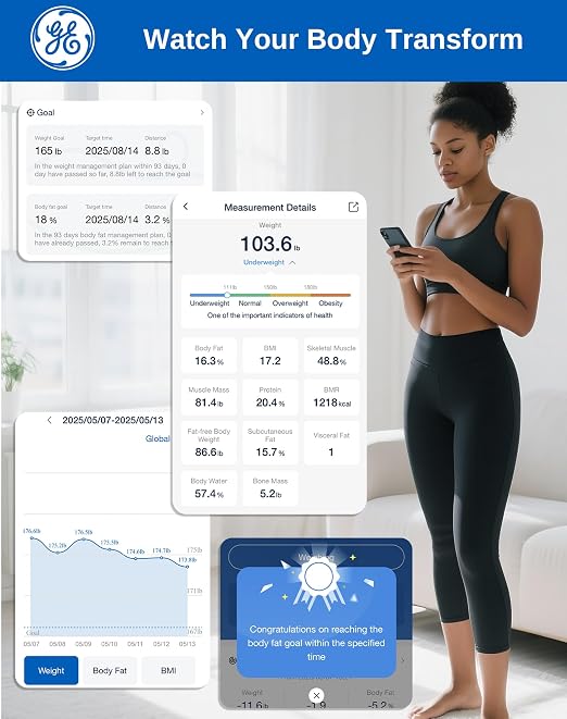 GE Smart Scale for Body Weight BMI Body Fat, Digital Bluetooth Scale 400lb | 13 Body Composition Monitor Health Analyzer for Home Gym, Accurate Bathroom Scale, App Sync Weighing Capacity Black 11inch - Image 5