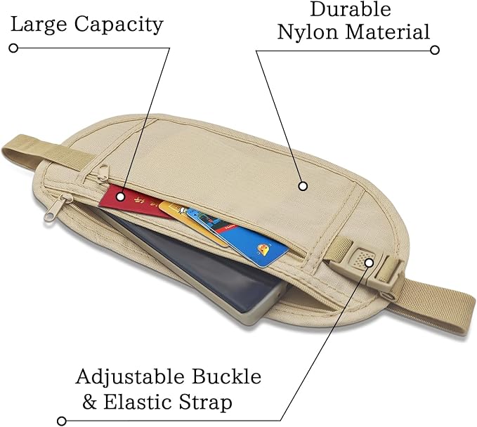 FuninCrea Money Belt, Nylon Fanny Pack Hidden Belt Bag with RFID Blocking for Women Men, Anti-theft Waist Pack Under Clothes with Adjustable Buckle for Travel, Running, Hiking, Cycling (khaki) - Image 3