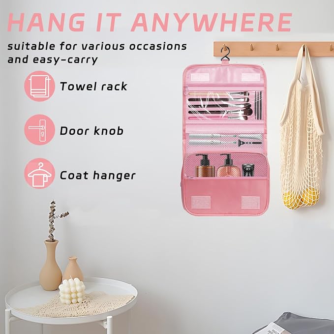 Toiletry Bag Travel Bag with Hanging Hook for Women and Men,Pink | Waterproof Small Capacity Hanging Multifunctional Makeup Bag for Toiletries, Portable Cosmetic Bag Travel Organizer - Image 4