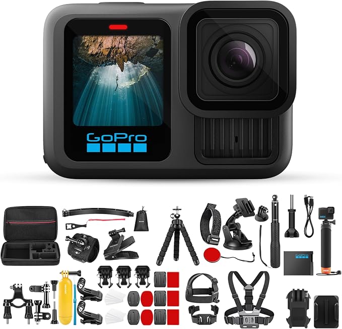 GoPro HERO13 Waterproof Action Camera (Black), 5.3K60 27MP, 50-in-1, Bundle | Includes Enduro Rechargeable Battery, Extension Arm Floating Handgrip, 64GB Microsd Card, 50-in-1 Camera Accessory Bundle Kit by Unknown