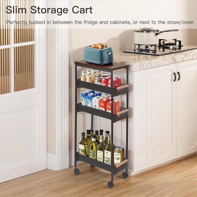 5 Tier Narrow Slim Rolling Cart Wood Top Storage Cart Black | 5 tier narrow rolling cart slides into 8 inch gaps, while solid wood top provides durable storage over plastic surfaces - Image 2
