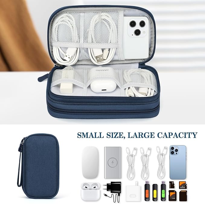 FYY Electronic Organizer, Travel Tech Pouch Bag, Cable Organizer Navy | Wrist Strap, Waterproof, Double Layers Portable Electronics Travel Carrying Case for Cord, Charger, Daily Business Trips Use - Image 6