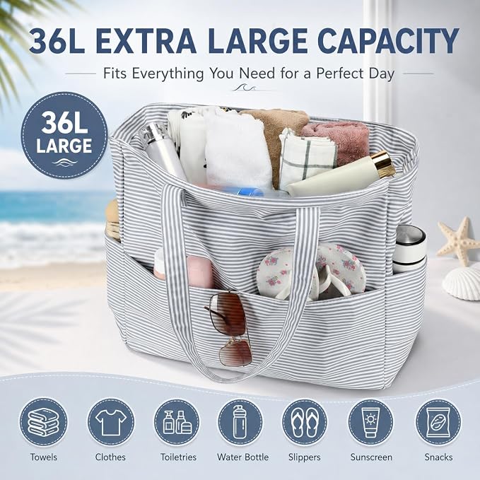 LEDAOU Beach Bag Waterproof Sandproof Women Beach Tote Pool Bag with Zipper for Swim Gym Grocery Travel with Wet Pocket | Sandproof - Image 6