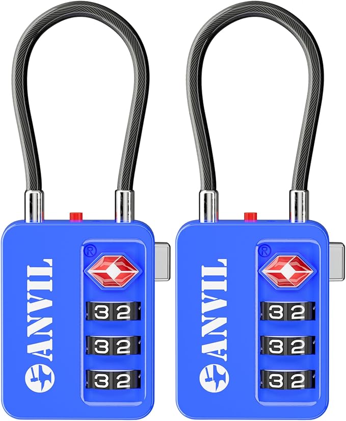 ANVIL TSA Locks for Luggage with Search Alert: Durable Cable Combination Locks, TSA Approved - Secure Travel Locks for Suitcases, Backpacks & Gun Cases (2, Blue) by ANVIL