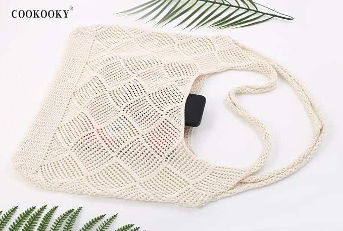 COOKOOKY Crochet Beach Tote bag Summer Beach Bag for Women Aesthetic Mesh Tote Bag Hippie Bag Knit Bag - Image 3