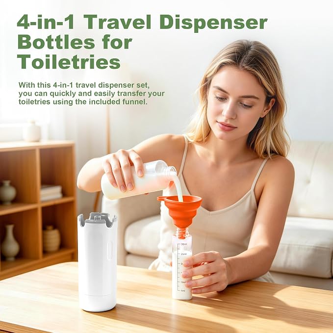 4-in-1 Travel Dispenser, 4 Pack 30ML Travel Bottles with Stickers for Toiletries – TSA Approved Leak Proof Refillable Containers for Shampoo, Conditioner, Creams, Lotions (White) - Image 2