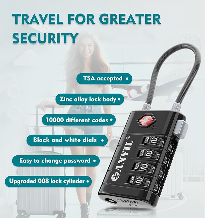 ANVIL TSA Approved Luggage Locks with Search Alert Indicator, 4-Digit Combination Suitcase Lock, Advanced TSA008 Core Heavy Duty Anti-Theft Travel Lock for Double Zippers, Backpacks - Image 5