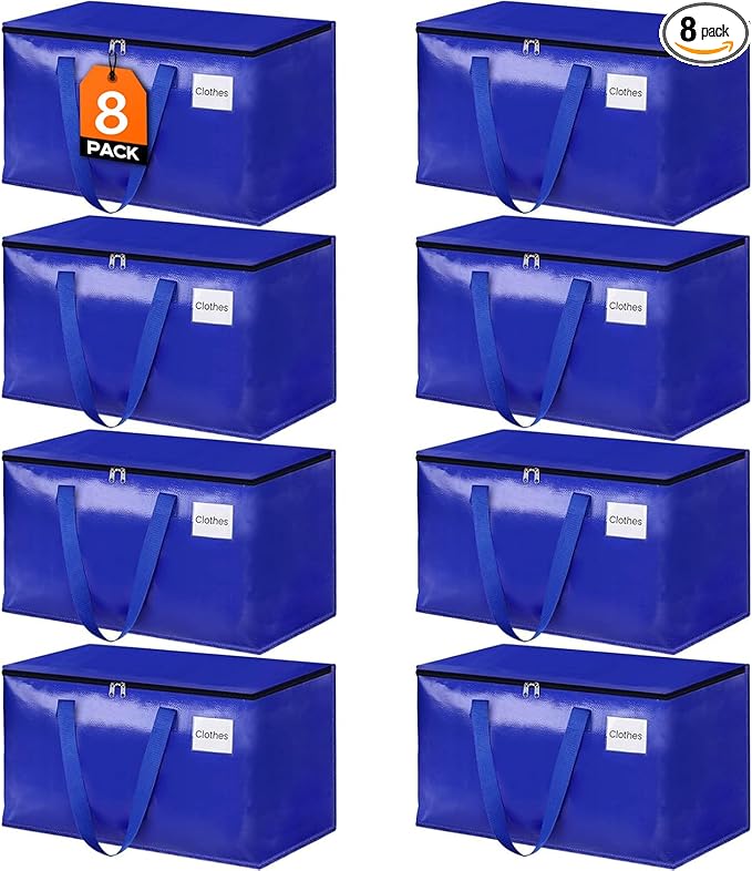 HomeHacks Moving Bags, 8-Pack Heavy Duty with Strong Zippers and Handles Collapsible Moving Supplies, Storage Totes for Packing & Moving Storing 93L-8 Pack (Blue) | Storage Bags, Collapsible Moving Supplies, Reinforced Handles & Tag Pocket, Moving Tote... by HomeHacks