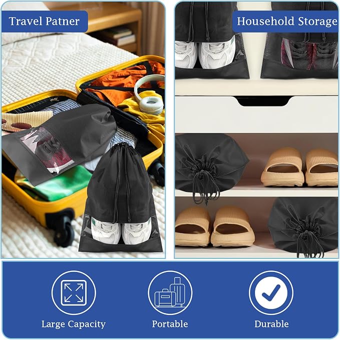 COIDEA 18 Pack Shoe Bags for Travel, Large Travel Shoe Bags for Packing | with Clear Window, Dustproof Drawstring Travel Shoe Storage Bags Travel Essentials for Men & Women, Black - Image 7