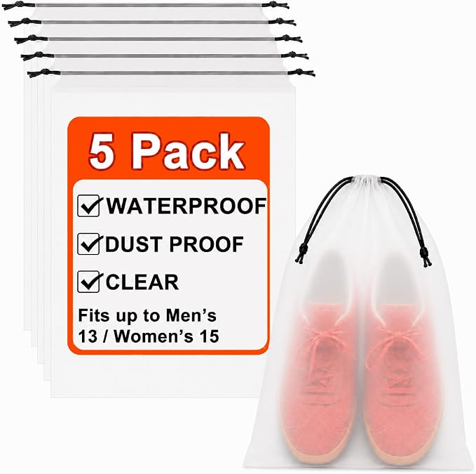 5 Pack Clear Shoe Bags for Travel Essentials Reusable Storage | 15.7"×11.8" PEVA Drawstring, Water-Resistant, Fits up to Men’s 12–13, for Clothes & Toiletries, Keep Luggage Tidy & Odor-Free by Bofoho