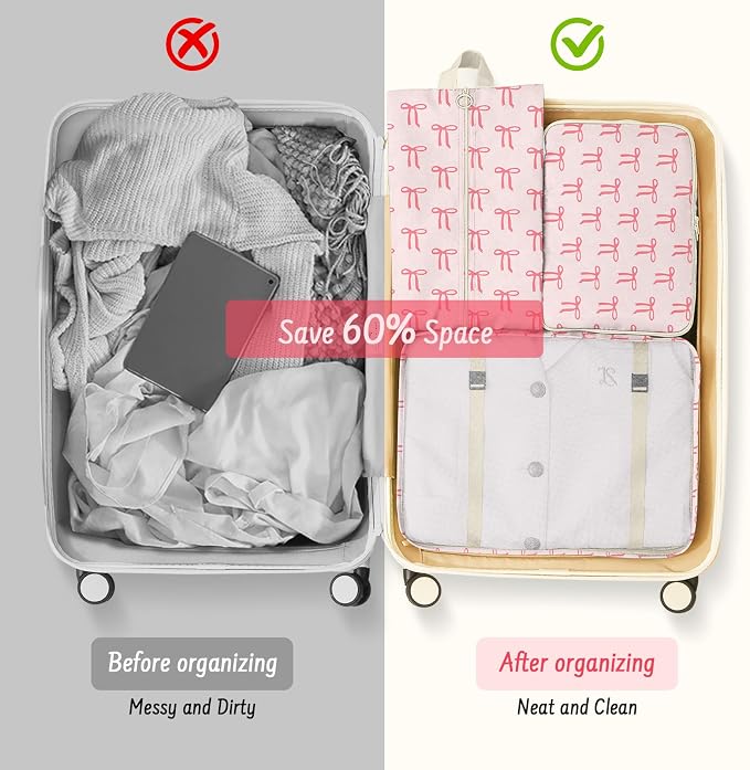 9 Set Packing Cubes for Travel Essentials - Lightweight Carry-On Luggage Organizer Bags with Shoe, Clothes & Laundry Bags for Airplane, Family & Business Travel, Pink bow - Image 8