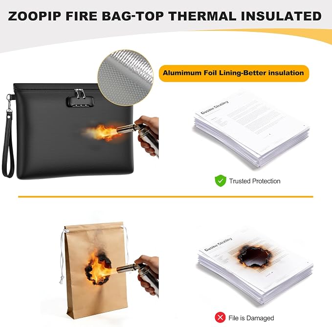 5200℉ Fireproof Document Bag with Lock,Money Pouch,14.3"x10.2" | Waterproof,Zipper Closure, Portable Safe Storage for Letter Size Files, Cash, Cell Phone, Tablet, Card, Passport, Black - Image 6