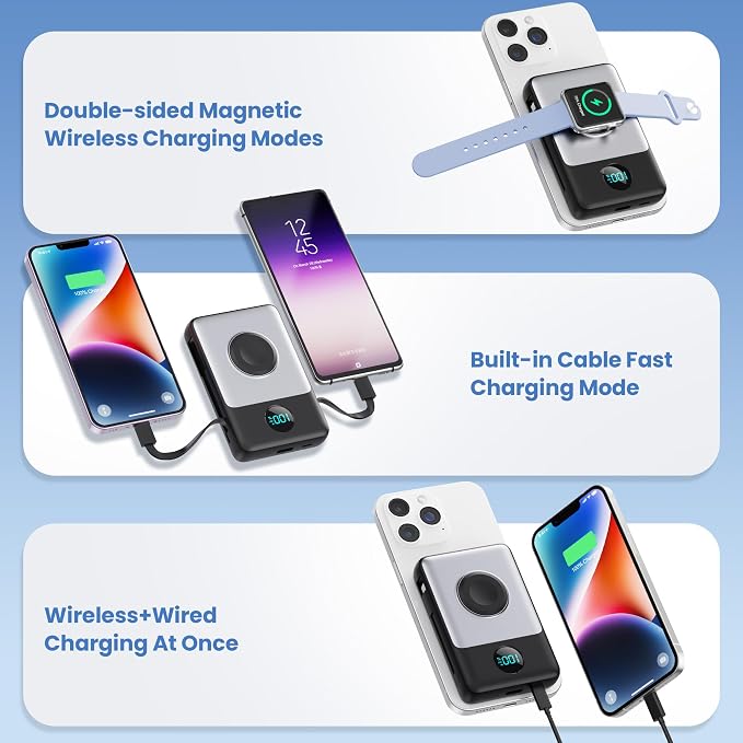 Magnetic Portable Charger 10800mAh with Built-in Cables,Wireless Power Bank for Magsafe,25W PD Fast Charging USB-C Travel Essentials Battery Pack for iPhone 17/16/15/14/13/12 Series,Apple Watch-Black - Image 3