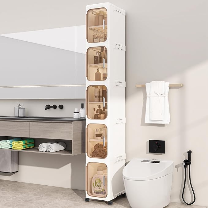 5 Tier Slim Bathroom Storage Cabinet, Foldable and Movable, Beige | Tools Free, ABS and PET, Magnetic Clear Door, Adjustable Shelves, Lockable Wheels, Water Resistant, For Narrow Space by Neathub