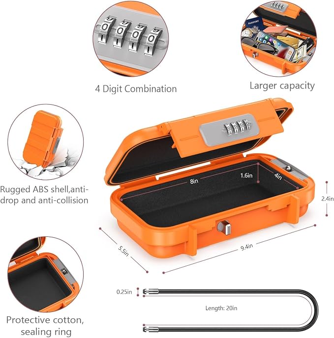 LOFICOPER Portable Safe Lock Box, Waterproof Anti-Theft Personal Security Case with 4 Digit Resettable Code, Removable Chain, Lightweight Beach Lock Box for Travel, Home, Office, Orange - Image 3