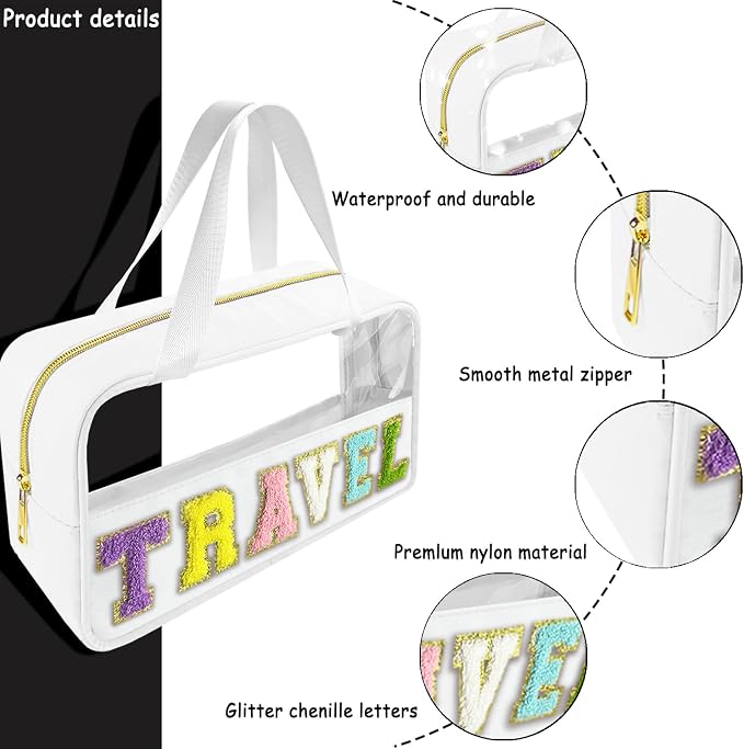 Bunliuys Chenille Letter Clear Makeup Bag Travel Patch, Travel Toiletry Makeup Bag with Handle, Nylon Waterproof Makeup Bags clear cosmetic bag, preppy patch makeup bag for Women (TRAVEL-White) - Image 3