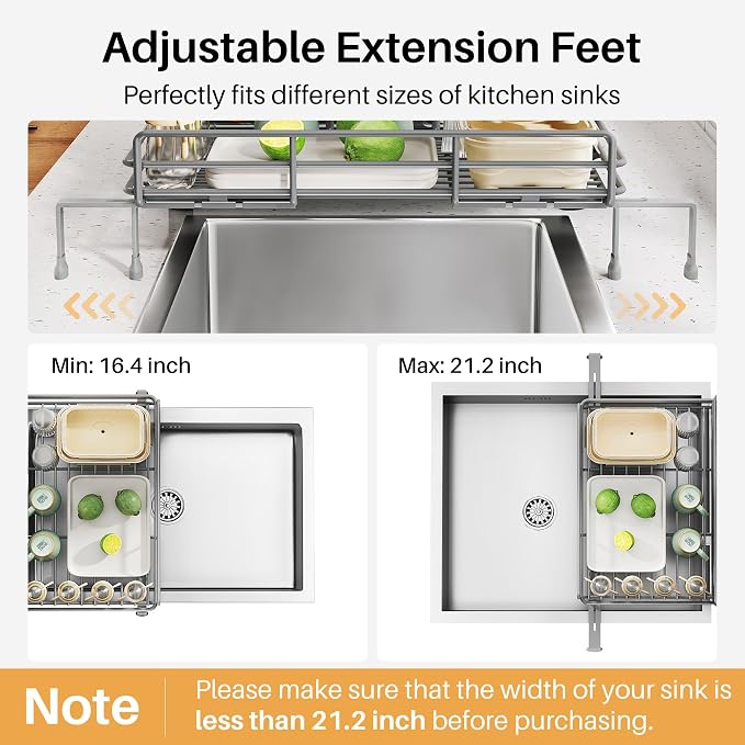 SNTD Expandable Dish Drying Rack for Kitchen Counter, Stainless Steel, Grey | Foldable Over Sink, Large Capacity, Adjust to Fit Most Sinks, Angled Drainboard, Removable Utensil Holder, Slip Resistant - Image 7