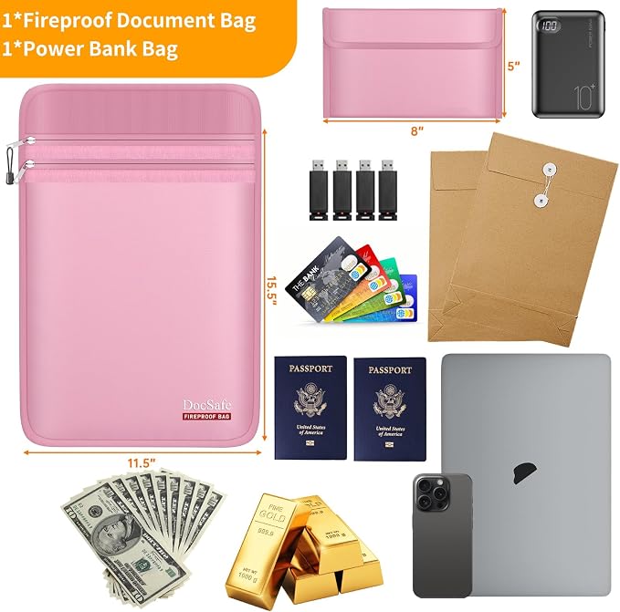DocSafe Fireproof Document Bag (5200℉) with Fireproof Organizer Travel Case,Heat Insulated Fire＆Water Resistant 8 Layers Safe Money Bag Storage for Important Documents,Cash,Power Bank,Valuables,Pink - Image 4