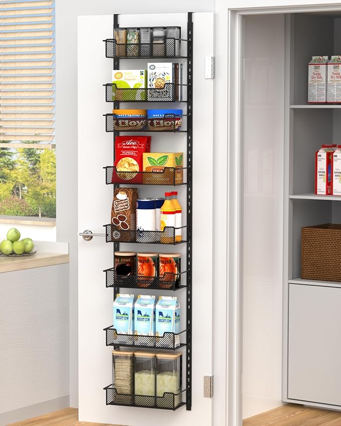VyGrow 12.3" W Narrow Over the Door Pantry Organizer, 8-Tier Over the Door Organizer with Adjustable Basket, Pantry Door Organization for Pantry Kitchen Storage Room Spice Rack, Black by VyGrow