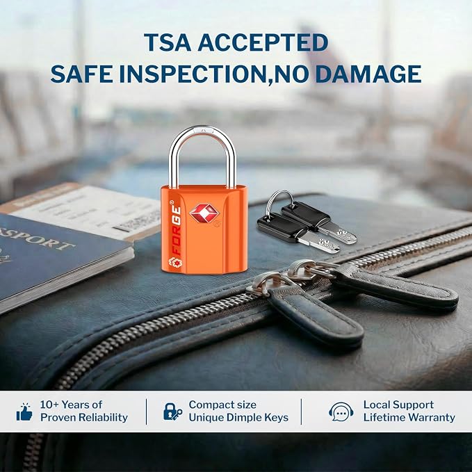 Forge Small TSA Approved Luggage Locks: Ultra Secure Dimple Key Travel Locks Alloy Body. for Luggage, Travel Cases, Backpacks, Orange 4 Pack. - Image 2