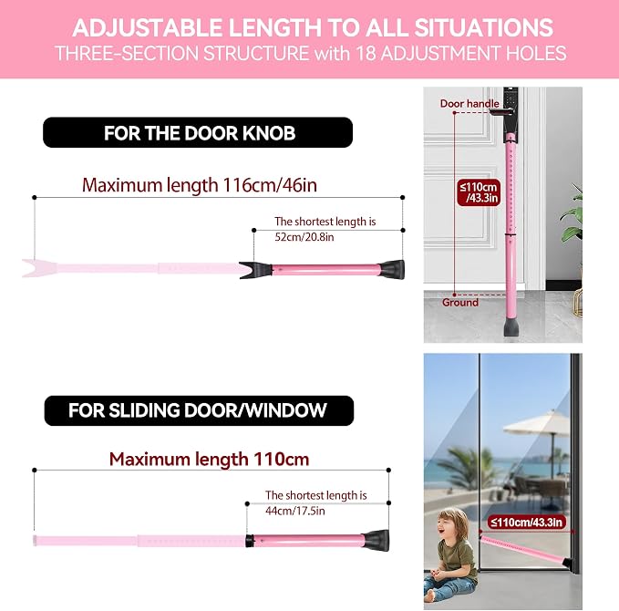 AceMining 1 Pack Door Security Bar, Patio Door Lock, 20-50 in, Pink | Sliding Glass Door Security Bar for Patio Door, Window Security and Door Stopper Protection - Image 3