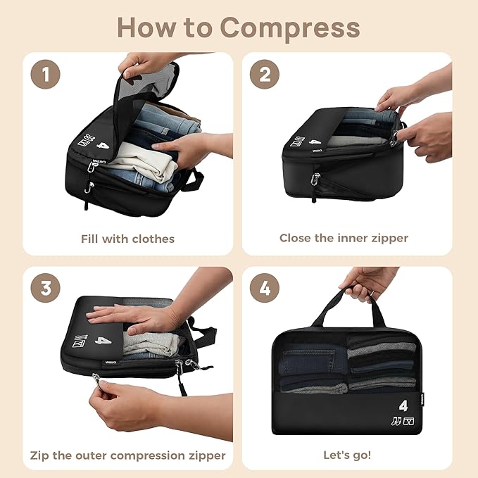 7 Set Compression Packing Cubes for Travel, Luggage Organizer Bags for Suitcases with Mesh Panels, Shoe Bag & Toiletry Bag for Carry On, Vacation & Cruise Essentials (Black) - Image 3