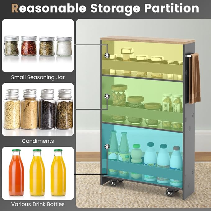 COSTWAY Slim Rolling Storage Cart, 4-Tier Rolling Utility Cart, Wood Kitchen Storage Cart with Handle & Wheels, Narrow Rolling Shelving Unit for Kitchen Bathroom Laundry Small Places (Grey) - Image 4