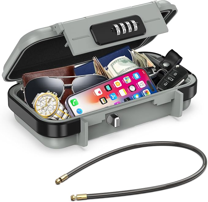 AMIR Portable Safe Box, Combination Security Case LockBox with Code, Waterproof Anti-Theft Mini Travel Safe Box with Removable Chain, Security Box for Home,Office, Grey by AMIR