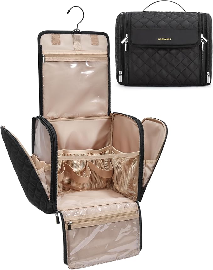 BAGSMART Hanging Travel Toiletry Bag, Large Capacity Water-resistant Cosmetic Organizer with Handle for Brushes Accessories, Black by BAGSMART