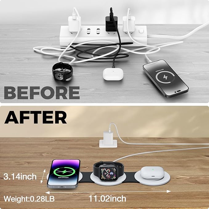 HICOBER 3IN1 Wireless Charging Station for iPhone,Watch,AirPods,Black&White | Charge 3 devices at once, foldable, case-friendly and ready for travel - Image 4
