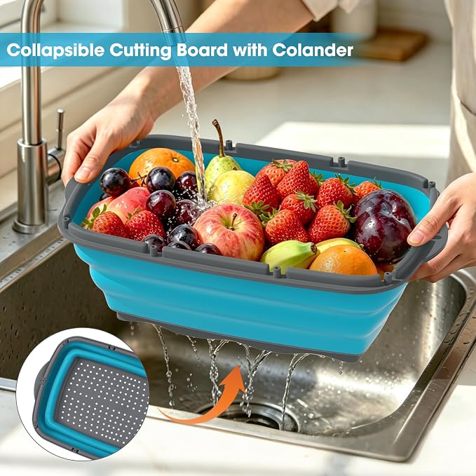 Gintan Collapsible Camping Cutting Board, 9-in-1 Chopping Board with Colander, Kitchen Vegetable Washing Basket for Camping, Camping Gifts Camping Accessories for RV Campers (Blue+Grey) - Image 4
