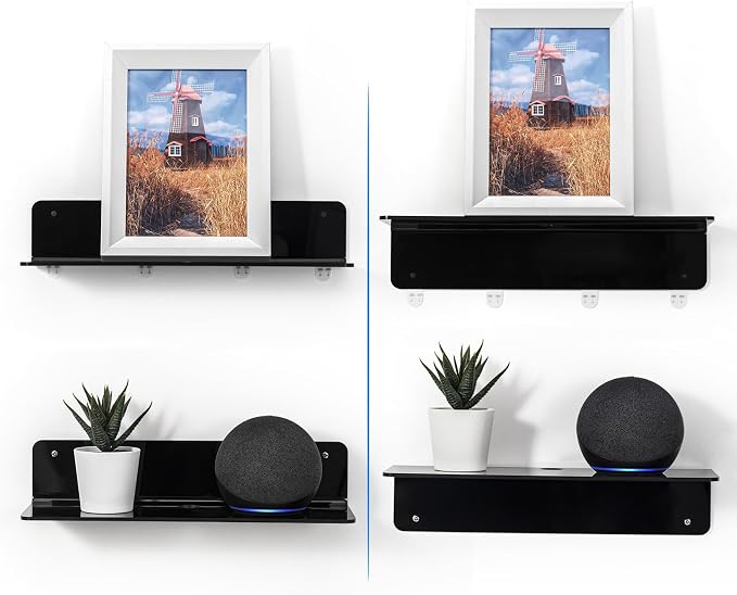 OAPRIRE Acrylic Floating Wall Shelves Black, Damage Free, 12 Inch 2 Pack | Strong Tape Adhesive Wall Shelf No Drill, Easy Installation, Hole Design with Cable Clips, Small Spaces Bedroom Bathroom - Image 8