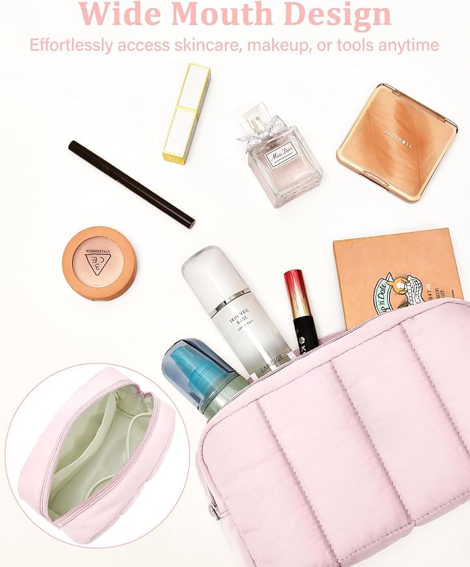 2 Pcs Makeup Bag Travel Toiletry Bag for Women Puffy Padded Cosmetic Pouch Purse Wide-open Makeup Organizer Case Travel Essentials - Image 5